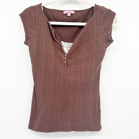 Energie Tops - Energie Womens Y2K Bella Swan Elena Ribbed Henley Lace Trim Layer T Shirt Size M